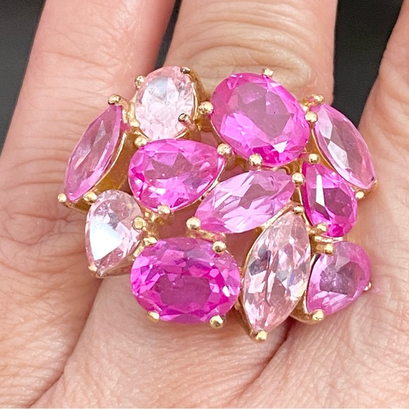 JC China Signed Pink Fuchsia Pink Cluster Crystal Cocktail Ring Size 5.5 - Picture 2 of 16